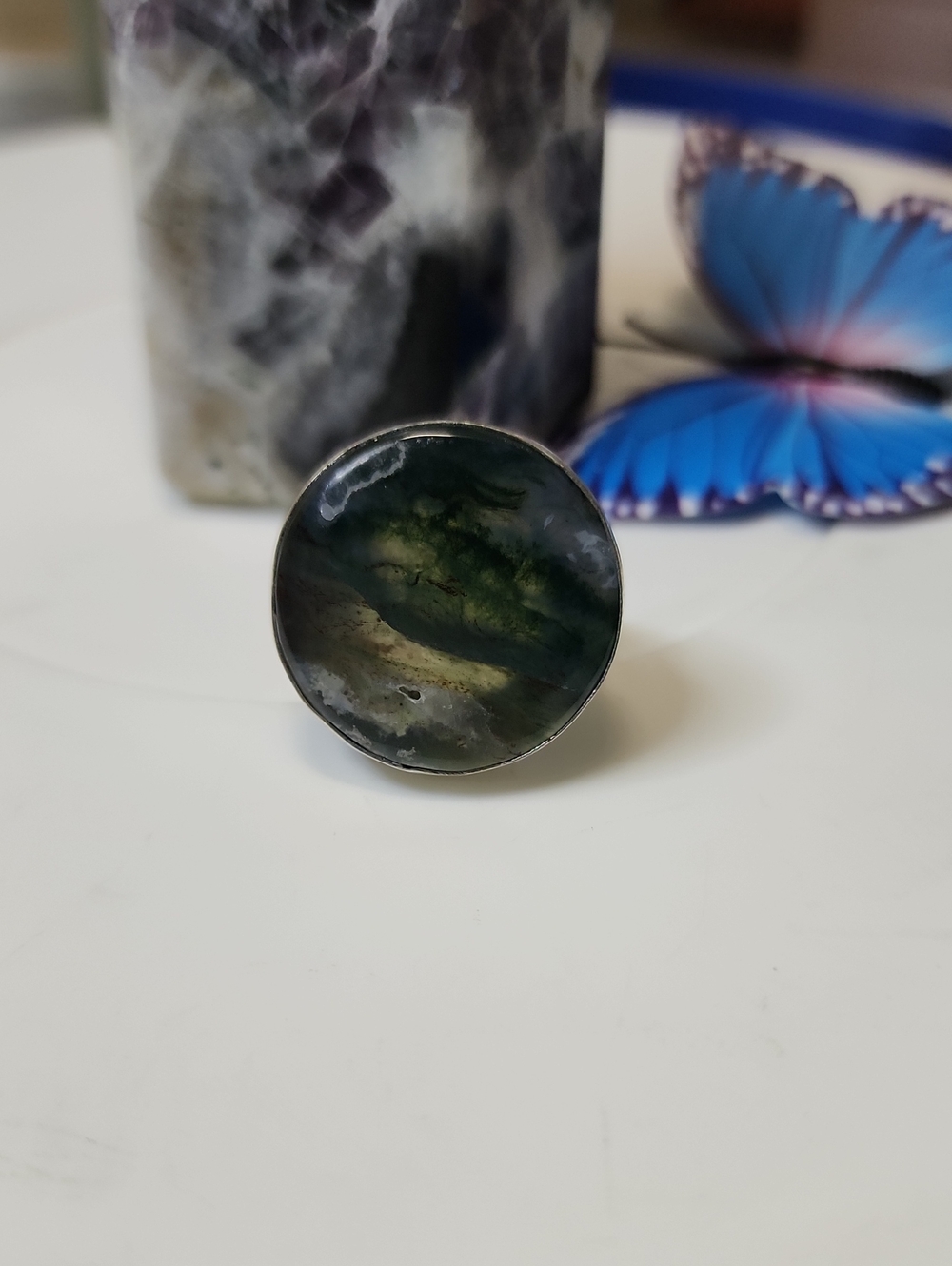 Handcrafted Green Moss Agate Round Statement Ring